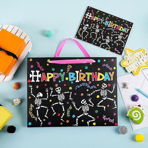 WRAPAHOLIC Skeleton Birthday Gift Bags with Tissue Paper and Card - 10 x 5 x 13 inch - Colorful Skeleton Happy Birthday Paper Bags for Kids Girls Boys, Halloween in Saudi Arabia