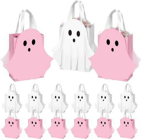 Sweetude 12 Pcs Halloween Ghost Paper Gift Bags Party Favor Bags with Handle for Trick-or-treat Candy Goodie Pastel for Halloween Spooky Birthday Holiday Party Supplies in Saudi Arabia