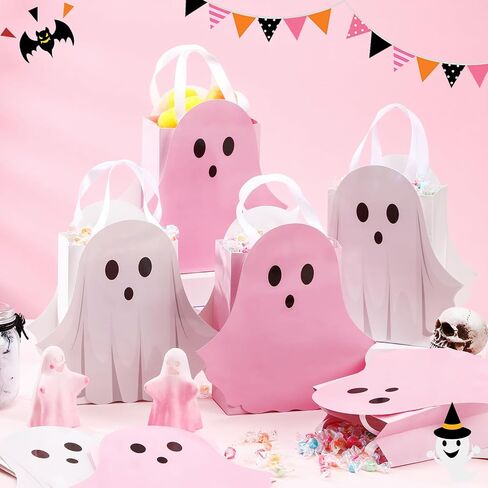 Sweetude 12 Pcs Halloween Ghost Paper Gift Bags Party Favor Bags with Handle for Trick-or-treat Candy Goodie Pastel for Halloween Spooky Birthday Holiday Party Supplies in Saudi Arabia