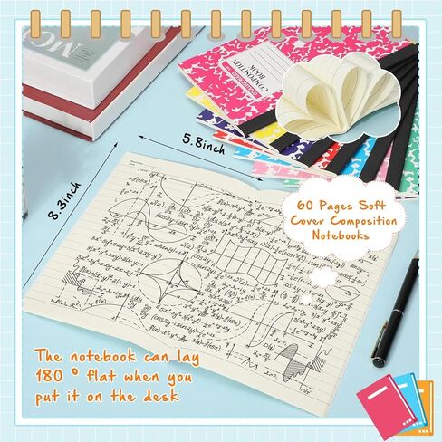 Fainne 100 Pack A5 Composition Notebooks Bulk Wide Ruled Composition Notebook College Ruled Composition Notebooks Marble Covers Composition Notebook for Student Classroom Office Supplies, 10 Colors in Kuwait