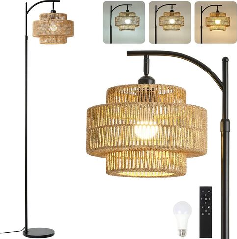 Boho Rattan Floor Lamp With Hand-Woven Wicker Shade for Living Room,Modern 3-Tier Tall Floor Lamp with 3 Color Temperatures Remote & Dimmable 9W Bulb for Dining Room Bedroom Office Hotel(Brown) in Saudi Arabia