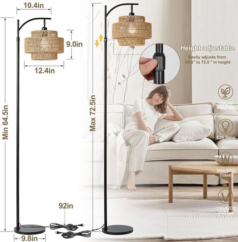 Boho Rattan Floor Lamp With Hand-Woven Wicker Shade for Living Room,Modern 3-Tier Tall Floor Lamp with 3 Color Temperatures Remote & Dimmable 9W Bulb for Dining Room Bedroom Office Hotel(Brown) in Saudi Arabia