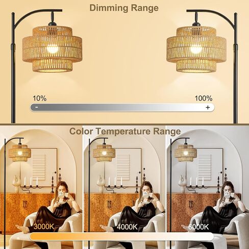 Boho Rattan Floor Lamp With Hand-Woven Wicker Shade for Living Room,Modern 3-Tier Tall Floor Lamp with 3 Color Temperatures Remote & Dimmable 9W Bulb for Dining Room Bedroom Office Hotel(Brown) in Saudi Arabia