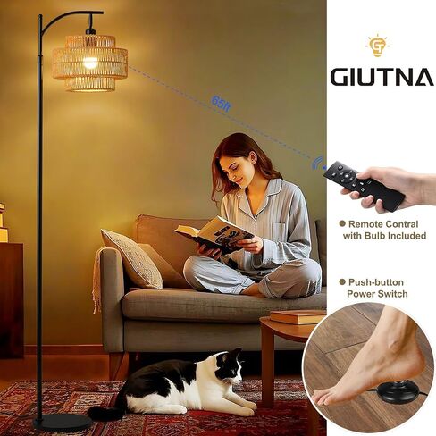 Boho Rattan Floor Lamp With Hand-Woven Wicker Shade for Living Room,Modern 3-Tier Tall Floor Lamp with 3 Color Temperatures Remote & Dimmable 9W Bulb for Dining Room Bedroom Office Hotel(Brown) in Saudi Arabia