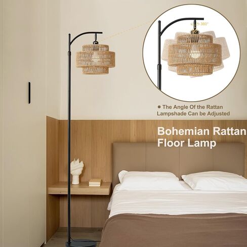 Boho Rattan Floor Lamp With Hand-Woven Wicker Shade for Living Room,Modern 3-Tier Tall Floor Lamp with 3 Color Temperatures Remote & Dimmable 9W Bulb for Dining Room Bedroom Office Hotel(Brown) in Saudi Arabia