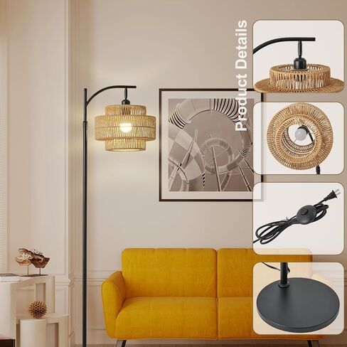 Boho Rattan Floor Lamp With Hand-Woven Wicker Shade for Living Room,Modern 3-Tier Tall Floor Lamp with 3 Color Temperatures Remote & Dimmable 9W Bulb for Dining Room Bedroom Office Hotel(Brown) in Saudi Arabia