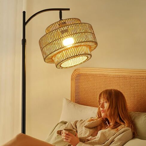 Boho Rattan Floor Lamp With Hand-Woven Wicker Shade for Living Room,Modern 3-Tier Tall Floor Lamp with 3 Color Temperatures Remote & Dimmable 9W Bulb for Dining Room Bedroom Office Hotel(Brown) in Saudi Arabia