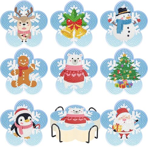 Yarnmate 8 PCS Christmas Diamond Painting Coasters مجموعات مع حامل ، مجموعات Coaster Art Diamond Diy للبالغين ، توفيات CARTERS Diamonds للهدايا للهدايا ديكور العطلات in Kuwait