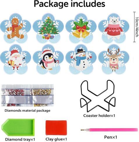 Yarnmate 8 PCS Christmas Diamond Painting Coasters مجموعات مع حامل ، مجموعات Coaster Art Diamond Diy للبالغين ، توفيات CARTERS Diamonds للهدايا للهدايا ديكور العطلات in Kuwait