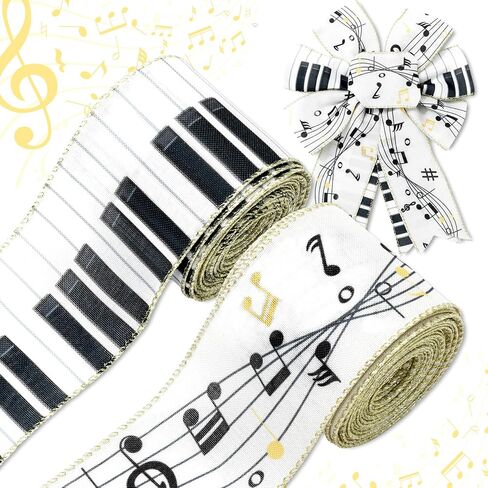 Music Wired Edge Ribbon 2.5 Inch Musical Note Keyboard Fabric Wrapping Ribbon for DIY Crafts Wreath Bow Making Supplies, 20 Yard in Saudi Arabia