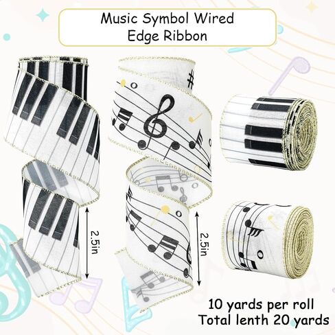 Music Wired Edge Ribbon 2.5 Inch Musical Note Keyboard Fabric Wrapping Ribbon for DIY Crafts Wreath Bow Making Supplies, 20 Yard in Saudi Arabia