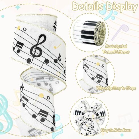 Music Wired Edge Ribbon 2.5 Inch Musical Note Keyboard Fabric Wrapping Ribbon for DIY Crafts Wreath Bow Making Supplies, 20 Yard in Saudi Arabia