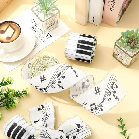 Music Wired Edge Ribbon 2.5 Inch Musical Note Keyboard Fabric Wrapping Ribbon for DIY Crafts Wreath Bow Making Supplies, 20 Yard in Saudi Arabia