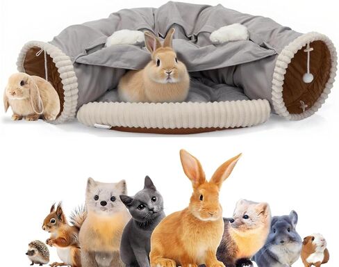 Velvetpaw Gray 2-in-1 نفق الأرنب القابل للطيات | وسادة الحيوانات الأليفة القابلة للغسل لعبة مخبأ وملعب مريحة للأرانب والأرانب والسيتينس - الراحة الداخلية والتمارين والترفيه in Kuwait
