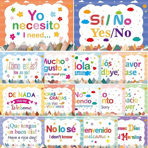 WorldBazaar Spanish Posters 16 Pcs Moving Mountains Spanish Language Learning Posters Words and Phrases Classroom Decorations School Study Materials for Teachers in Saudi Arabia