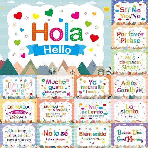 WorldBazaar Spanish Posters 16 Pcs Moving Mountains Spanish Language Learning Posters Words and Phrases Classroom Decorations School Study Materials for Teachers in Saudi Arabia