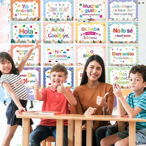 WorldBazaar Spanish Posters 16 Pcs Moving Mountains Spanish Language Learning Posters Words and Phrases Classroom Decorations School Study Materials for Teachers in Saudi Arabia