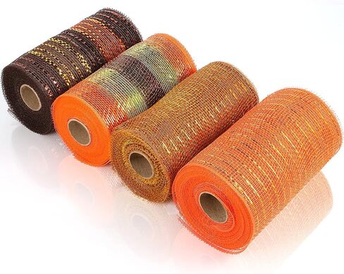 WILLBOND 4 Rolls Thanksgiving Mesh Ribbon for Wreath 6 Inch Wide Fall Autumn Wrapping Ribbon Supplies Metallic Foil Wired Edge Ribbon Decoration for Making DIY Party Crafts (Fresh Colors) in Saudi Arabia