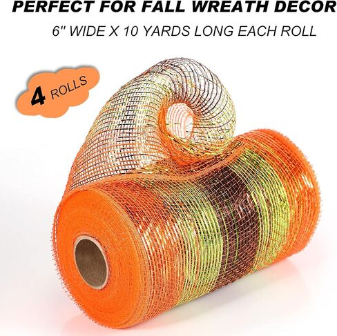 WILLBOND 4 Rolls Thanksgiving Mesh Ribbon for Wreath 6 Inch Wide Fall Autumn Wrapping Ribbon Supplies Metallic Foil Wired Edge Ribbon Decoration for Making DIY Party Crafts (Fresh Colors) in Saudi Arabia