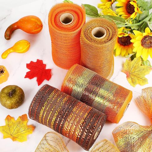 WILLBOND 4 Rolls Thanksgiving Mesh Ribbon for Wreath 6 Inch Wide Fall Autumn Wrapping Ribbon Supplies Metallic Foil Wired Edge Ribbon Decoration for Making DIY Party Crafts (Fresh Colors) in Saudi Arabia