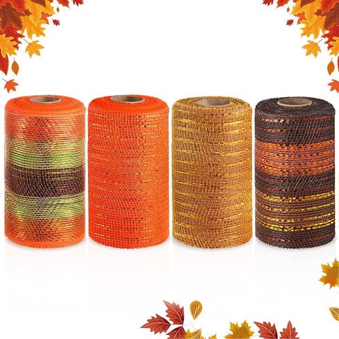 WILLBOND 4 Rolls Thanksgiving Mesh Ribbon for Wreath 6 Inch Wide Fall Autumn Wrapping Ribbon Supplies Metallic Foil Wired Edge Ribbon Decoration for Making DIY Party Crafts (Fresh Colors) in Saudi Arabia