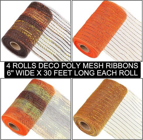 WILLBOND 4 Rolls Thanksgiving Mesh Ribbon for Wreath 6 Inch Wide Fall Autumn Wrapping Ribbon Supplies Metallic Foil Wired Edge Ribbon Decoration for Making DIY Party Crafts (Fresh Colors) in Saudi Arabia