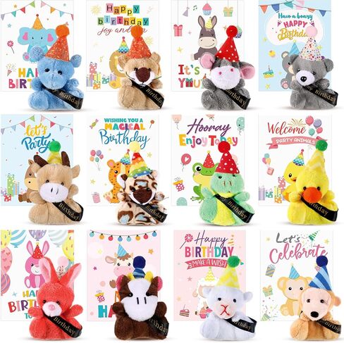 12 Sets Birthday Mini Animal Plush Bulk with Cards Birthday Party Decorations Mini Stuffed Animals for Students Classroom Reward Party Favors Return Gifts Present in Saudi Arabia