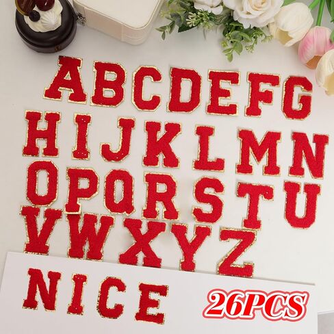 26 PCS CHENILLE LETTER STATES SELF لاصق ملصقات خطاب Chenille A-Z ASPROIQUE DOTAEDE THE SEY DIY Hats Backs Backs (Red) (26 ، Red ، Size) in Kuwait