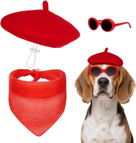 Dog Beret Set Including Dog Beret Scarf Glasses for Small Dogs Cat Doll in Saudi Arabia