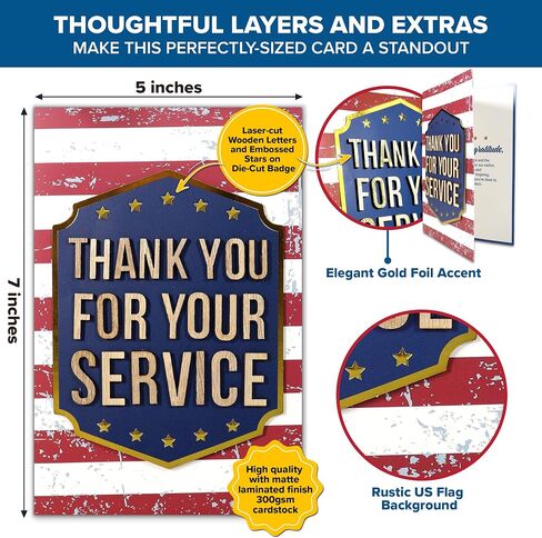 Decorably Gold-Foiled 5x7in Handmade Individual Thank You for Your Service Cards For Veterans with Wooden Letters on Die-Cut Badge, Military Retirement Card with Envelopes, Stickers & Printed Message in Saudi Arabia
