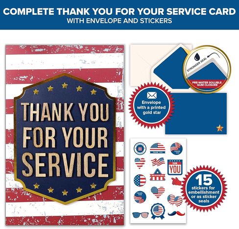 Decorably Gold-Foiled 5x7in Handmade Individual Thank You for Your Service Cards For Veterans with Wooden Letters on Die-Cut Badge, Military Retirement Card with Envelopes, Stickers & Printed Message in Saudi Arabia