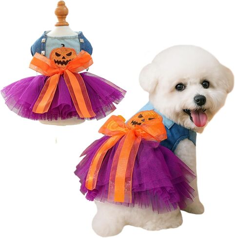 Dog Halloween Tutu Dress Holiday Dog Clothes for Small Medium Pets Pumpkin Pattern Cat Outfits with Denim Top Purple Tulle Skirt with Orange Bow Pet Costume (Pumpkin, M(7.5-10lb)) in Saudi Arabia