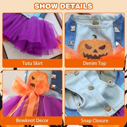 Dog Halloween Tutu Dress Holiday Dog Clothes for Small Medium Pets Pumpkin Pattern Cat Outfits with Denim Top Purple Tulle Skirt with Orange Bow Pet Costume (Pumpkin, M(7.5-10lb)) in Saudi Arabia