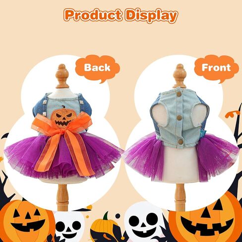 Dog Halloween Tutu Dress Holiday Dog Clothes for Small Medium Pets Pumpkin Pattern Cat Outfits with Denim Top Purple Tulle Skirt with Orange Bow Pet Costume (Pumpkin, M(7.5-10lb)) in Saudi Arabia