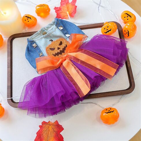 Dog Halloween Tutu Dress Holiday Dog Clothes for Small Medium Pets Pumpkin Pattern Cat Outfits with Denim Top Purple Tulle Skirt with Orange Bow Pet Costume (Pumpkin, M(7.5-10lb)) in Saudi Arabia