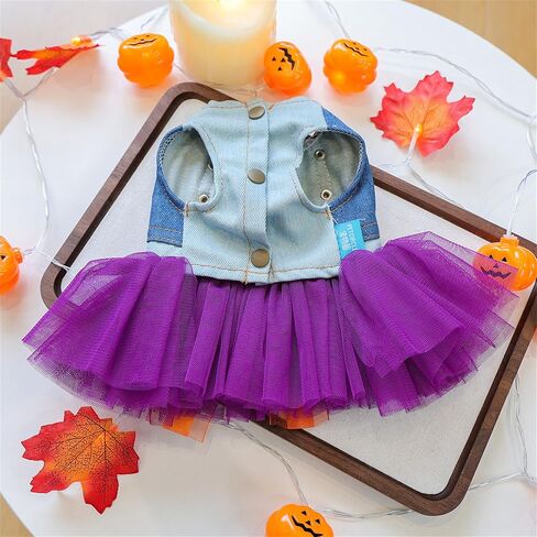 Dog Halloween Tutu Dress Holiday Dog Clothes for Small Medium Pets Pumpkin Pattern Cat Outfits with Denim Top Purple Tulle Skirt with Orange Bow Pet Costume (Pumpkin, M(7.5-10lb)) in Saudi Arabia