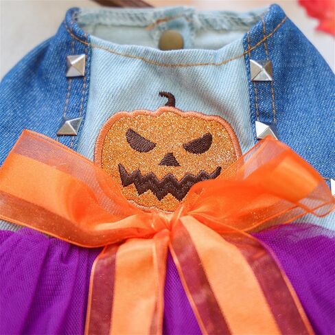 Dog Halloween Tutu Dress Holiday Dog Clothes for Small Medium Pets Pumpkin Pattern Cat Outfits with Denim Top Purple Tulle Skirt with Orange Bow Pet Costume (Pumpkin, M(7.5-10lb)) in Saudi Arabia