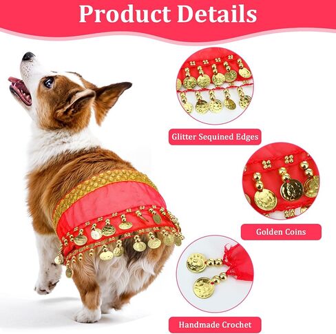 Belly Dance Hip Scarf, Belly Dancer Skirt Dog Dancer Costume Pet Dogs Costumes with Skirt Wrap Performance Bling Sequins Coins for Women Corgi Puppy Birthday Parties Halloween Celebrations Red in Saudi Arabia