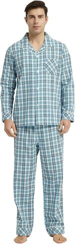 Vulcanodon Mens Cotton Pajama Set, Button Down Woven Pajama Set for Men Plaid Men's Sleepwear in Kuwait