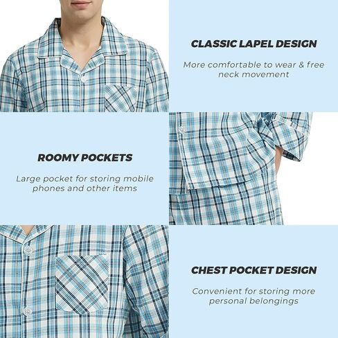 Vulcanodon Mens Cotton Pajama Set, Button Down Woven Pajama Set for Men Plaid Men's Sleepwear in Kuwait