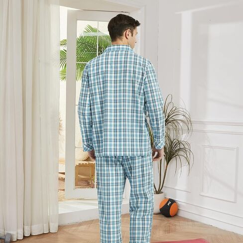 Vulcanodon Mens Cotton Pajama Set, Button Down Woven Pajama Set for Men Plaid Men's Sleepwear in Kuwait