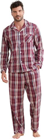Vulcanodon Mens Cotton Pajama Set, Button Down Woven Pajama Set for Men Plaid Men's Sleepwear in Saudi Arabia