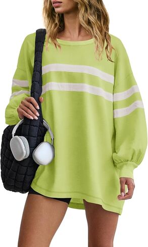 SENSERISE كنزات نسائية مخططة بياقة دائرية كبيرة الحجم وأكمام واسعة وقمصان ملونة وقمصان للتمرين in Kuwait