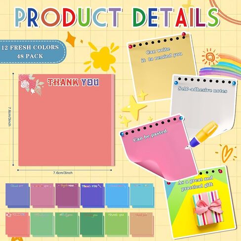 48 Pcs Thank You Sticky Note 3x3 Inch Employee Appreciation Sticky Note Pad with Line Back to School Gift Bulk Mini Inspirational Team Favor for Teacher Nurse Coworker Staff Office(Blank) in Saudi Arabia
