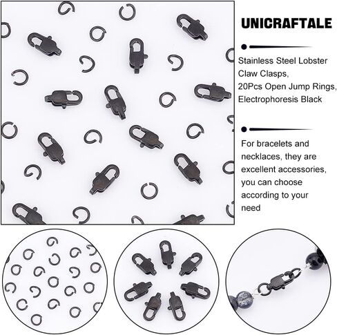 UniCraftale 12 pcs أيون الطلاء مشبك جراد البحر من الفولاذ المقاوم للصدأ مع 20pcs مفتوحة قفزة حلقة جراد البحر الأسود موصل الموصل لموصل السوار الحرفي لصنع المجوهرات صنع 1.5 ملم in Saudi Arabia