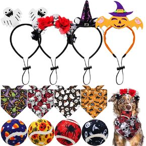 Frienda 12 Pcs Halloween Costume for Dog Include Dog Bandanas Triangle Scarf, Squeaky Tennis Balls for Pet, Adjustable Pet Headband for Halloween Outfit Accessory in Kuwait