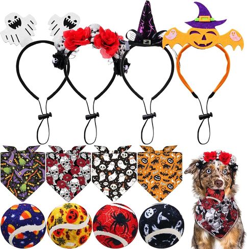 Frienda 12 PCS Halloween Costume for Dog assucture bandanas triangle وشاح ، كرات تنس صاخبة للحيوانات الأليفة ، عقال الحيوانات الأليفة القابل للتعديل لملحقات ملابس الهالوين in Kuwait