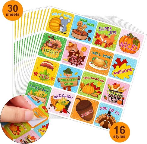 Zonon 480 Pieces Fall Stickers for Kids Thanksgiving Motivational Reward - Autumn Pumpkin Maple Leaves Turkey Corn Squirrel Hazelnut for Fall Party Decor, 30 Sheets in Saudi Arabia