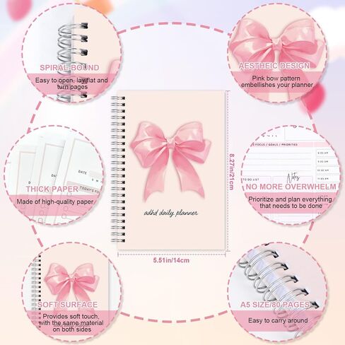 ADHD Daily Planner للبالغين - Pink Bow Daily Plannner مع قيام القائمة الجدول الزمني لحركة الذات Coquete إدارة المهام غير المؤرخة منظم التركيز الكامل للنساء العصبي الرجال الرجال in Saudi Arabia