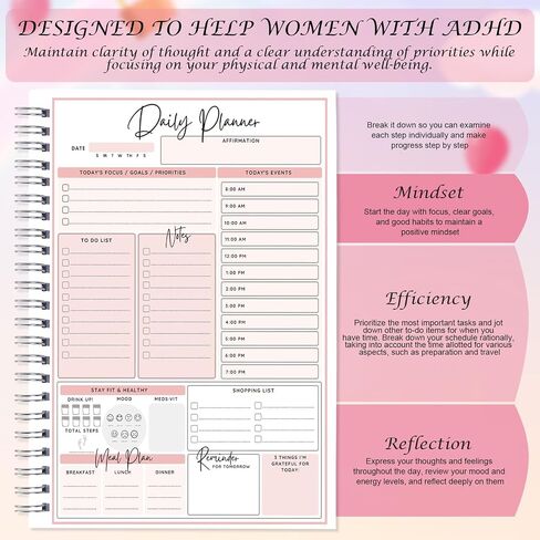 ADHD Daily Planner للبالغين - Pink Bow Daily Plannner مع قيام القائمة الجدول الزمني لحركة الذات Coquete إدارة المهام غير المؤرخة منظم التركيز الكامل للنساء العصبي الرجال الرجال in Saudi Arabia